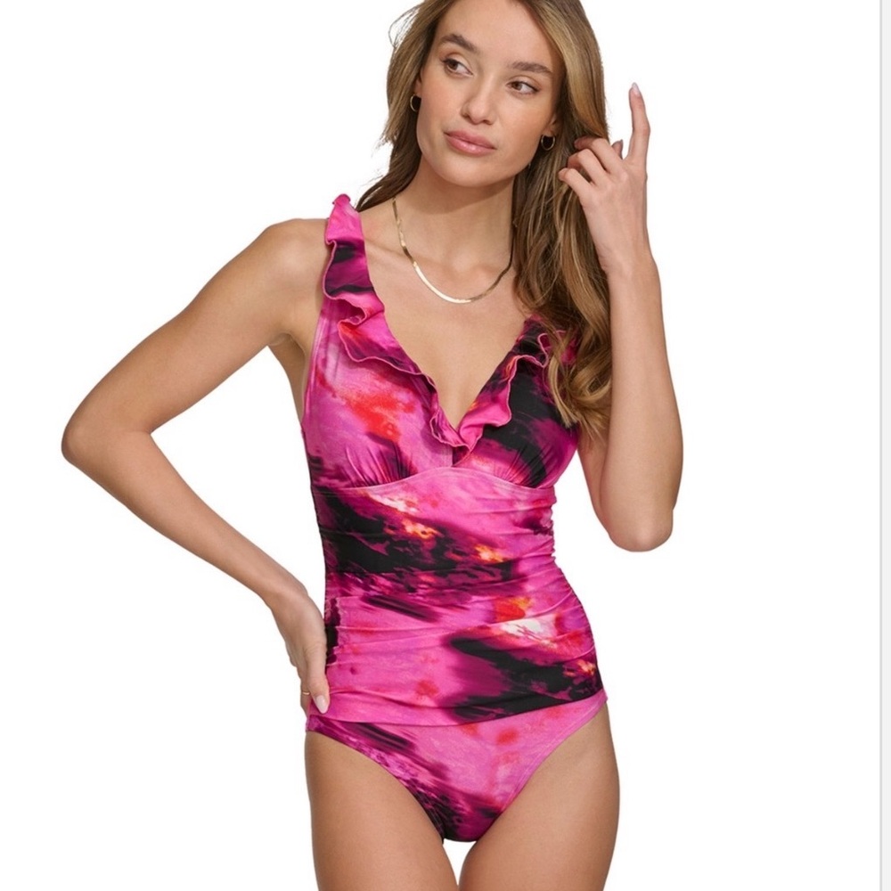 DKNY Vibrant Pink and Black Swimsuit DKNY Womens Ruffle Neck One-Piece  S